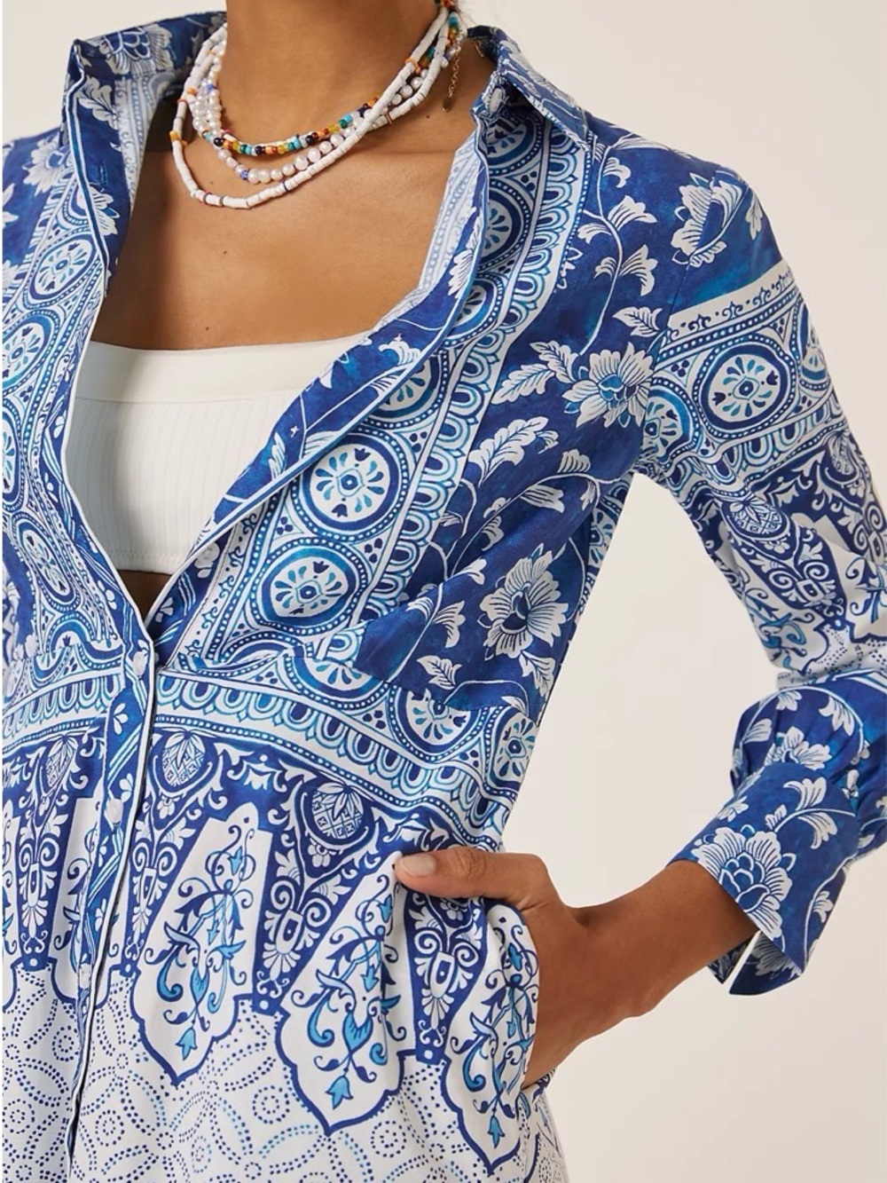 Anthro Blue White Tile Print Shirt Dress XS Button Down Coastal Preppy Chic - Picture 2 of 12